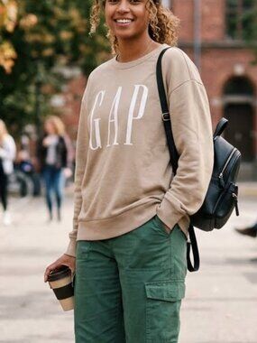 Gap Oversized Neutral Tan Logo Fleece Crewneck Pullover XXL